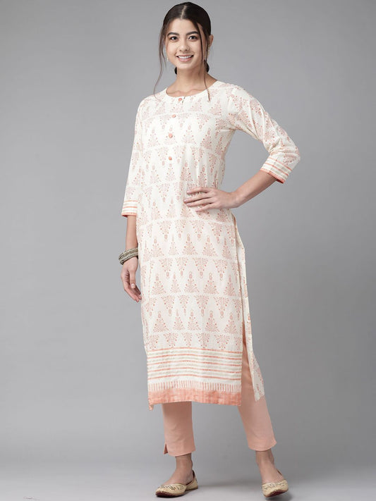 Dhiyona IE Ethnic Motifs Printed Round Neck Foil Printed Cotton Straight Kurta