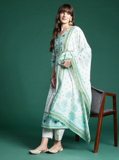 Dhiyona IE Women Ethnic Motifs Printed Sequinned Pure Cotton Kurta With Trousers & Dupatta
