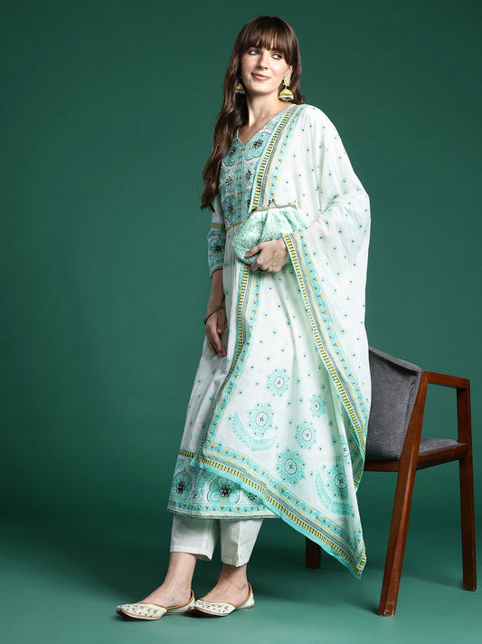Dhiyona IE Women Ethnic Motifs Printed Sequinned Pure Cotton Kurta With Trousers & Dupatta