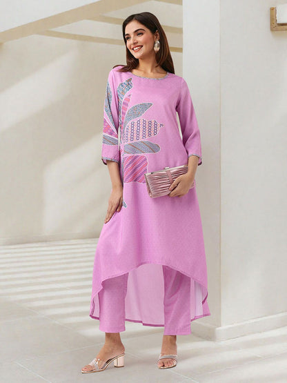 Dhiyona IS Women's Floral Printed Boat Neck A-Line Kurta With Trousers