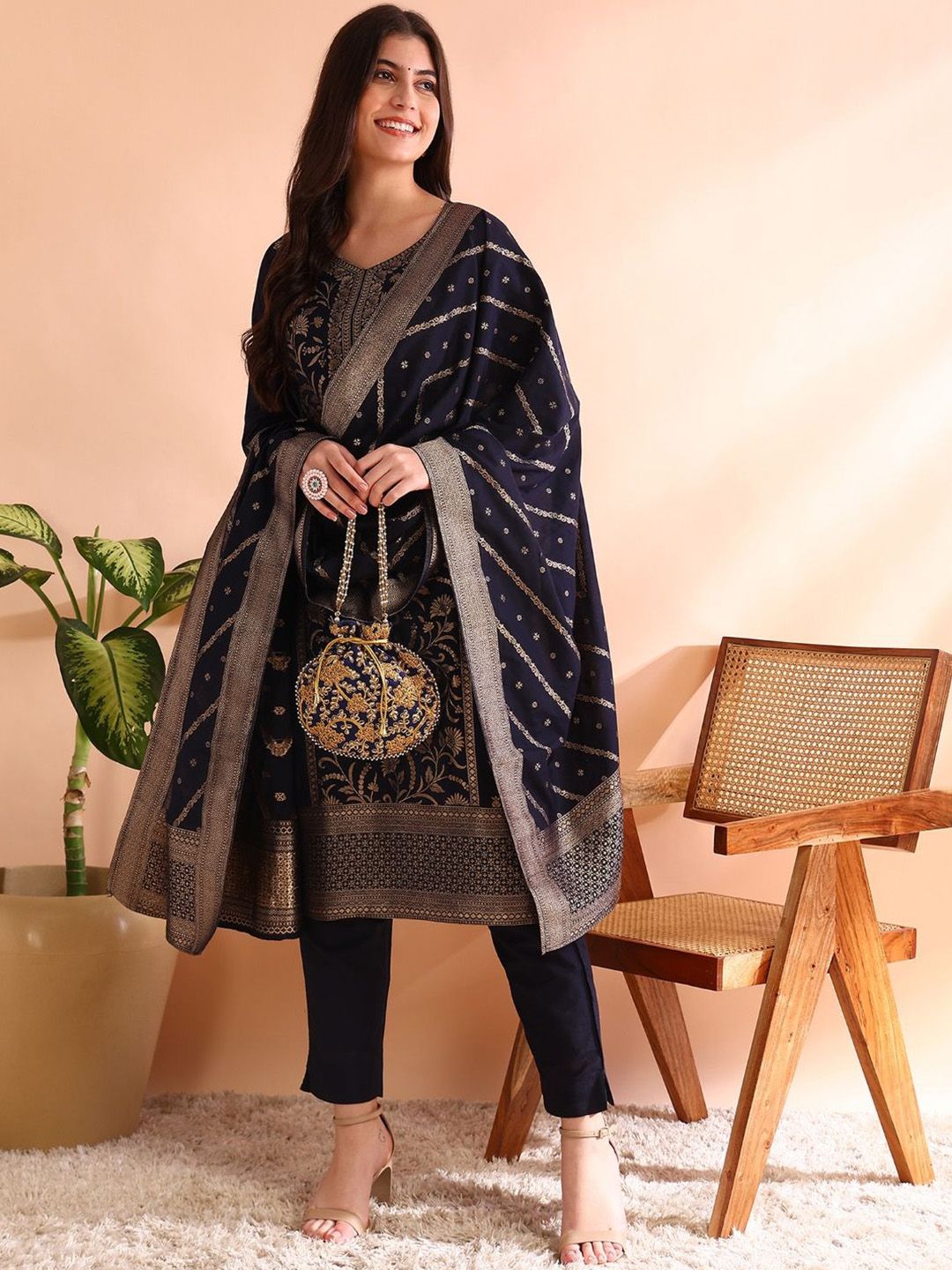 Dhiyona PD Women Women Chanderi Woven Design Straight Kurta Trousers With Dupatta