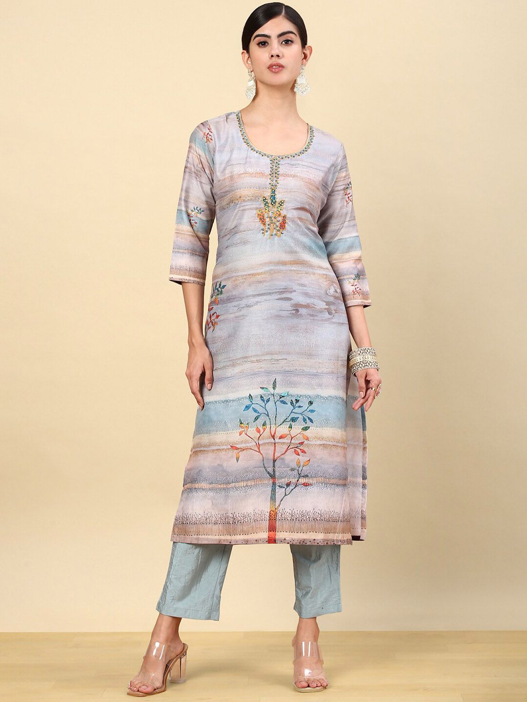 Dhiyona SO Women's Floral Printed Regular Beads and Stones Kurta with Trouser