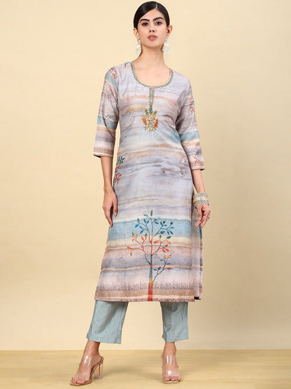 Dhiyona SO Women's Floral Printed Regular Beads and Stones Kurta with Trouser