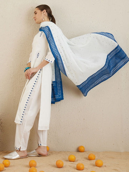 V Neck Ethnic Embroidered Pure Cotton Straight Kurta with Trouser & Dupatta