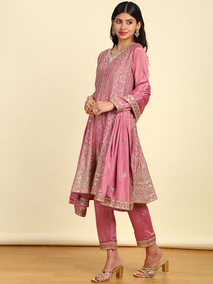 Dhiyona SO Women's Floral Embroidered Empire Sequinned Kurta with Trousers & Dupatta