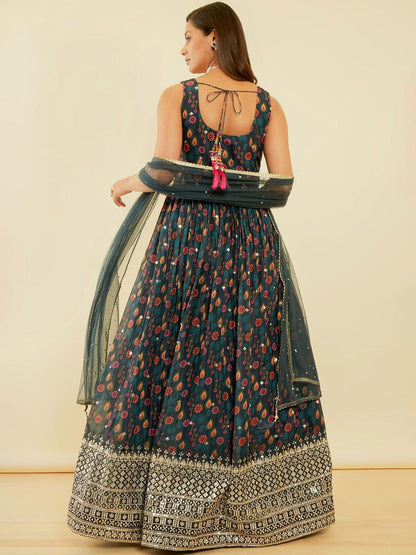 Dhiyona SO Women's Ethnic Motifs Printed Pleated Sequinned Kurta & Churidar With Dupatta
