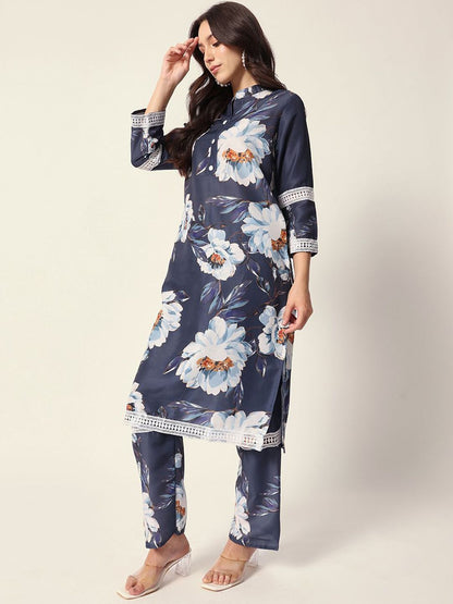 Dhiyona IS Women's Floral Printed Mandarin Collar Straight Kurta With Trousers
