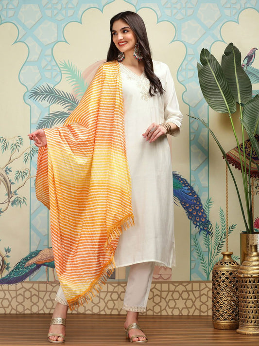 Dhiyona IS Women's Floral Yoke Design Thread Work Silk Chiffon Straight Kurta with Trousers & Dupatta