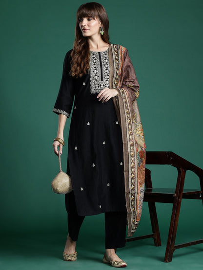 Dhiyona IE Ethnic Motifs Zari Embroidered Liva Kurta With Trousers & Dupatta