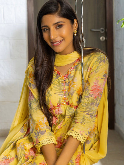Dhiyona SN Women's Alia Cut Floral Printed Mirror Work Pure Cotton A Line Kurta With Trousers & Dupatta