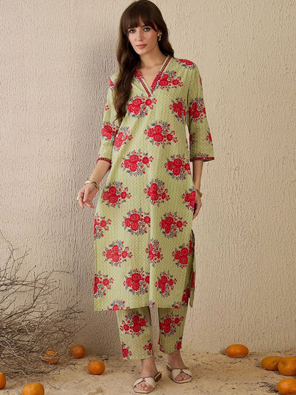 Dhiyona IE Women Floral Printed Regular Mirror Work Pure Cotton Kurta with Trousers