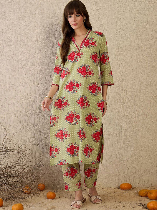 Dhiyona IE Women Floral Printed Regular Mirror Work Pure Cotton Kurta with Trousers