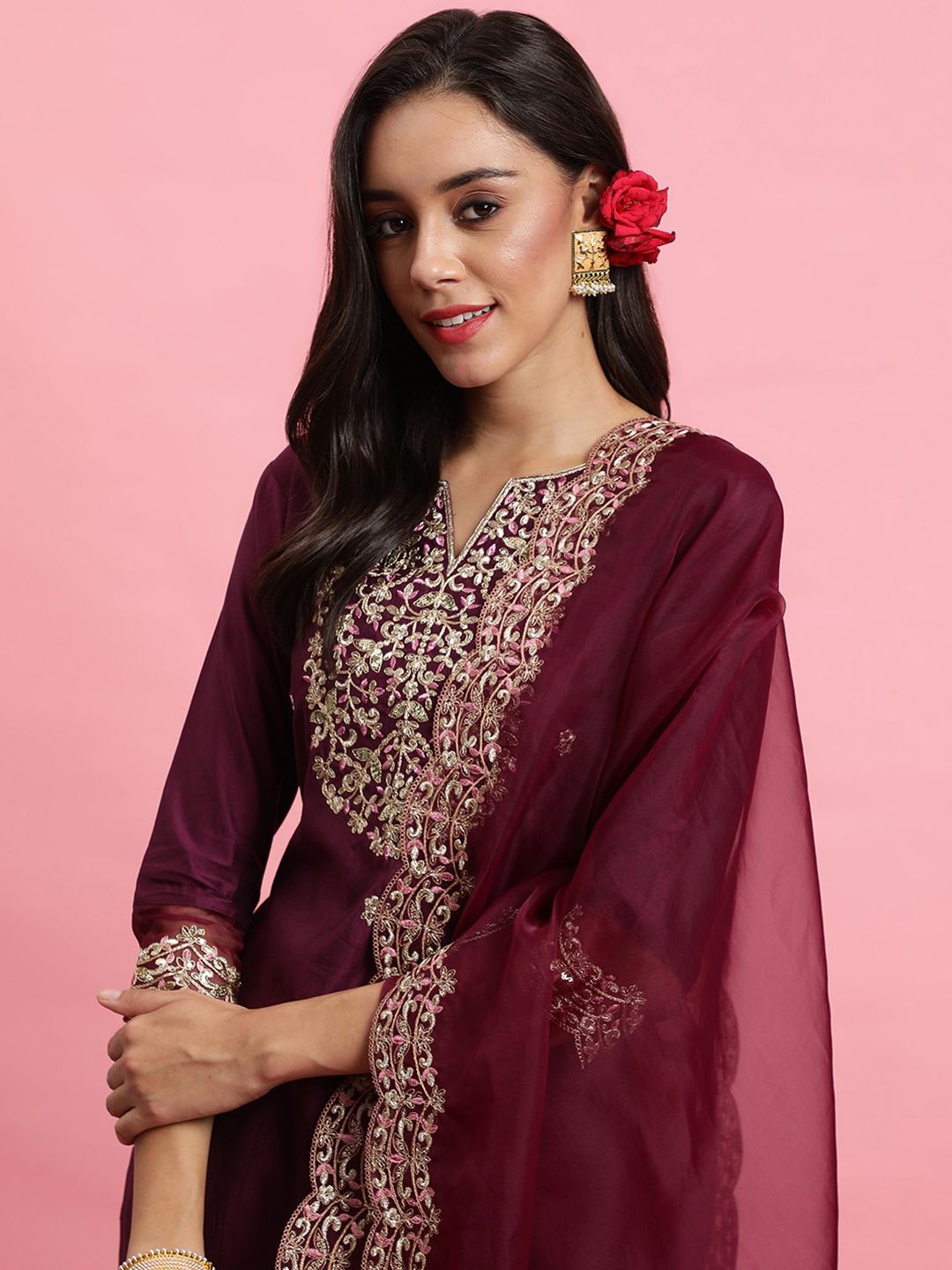 Floral Embroidered Yoke Design Kurta with Trousers & With Dupatta