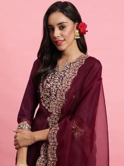 Floral Embroidered Yoke Design Kurta with Trousers & With Dupatta