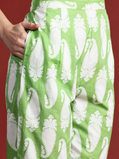 Paisley Printed Sequinned Pure Cotton Kurta with Trousers & With Dupatta