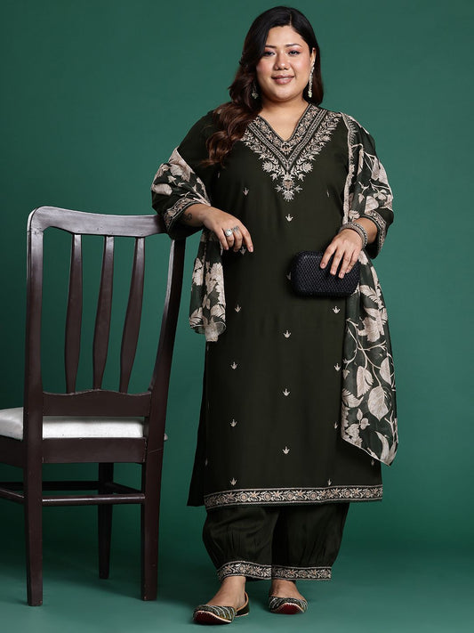 Dhiyona IE Plus Size Floral Embroidered Kurta with Salwar & With Dupatta