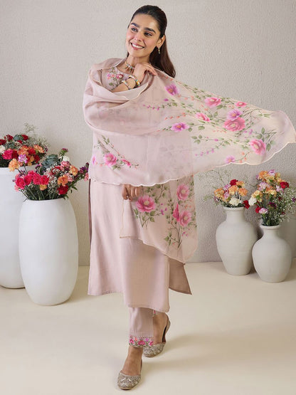 Floral Yoke Design Round Neck Thread Work Straight Kurta & Trousers & Dupatta