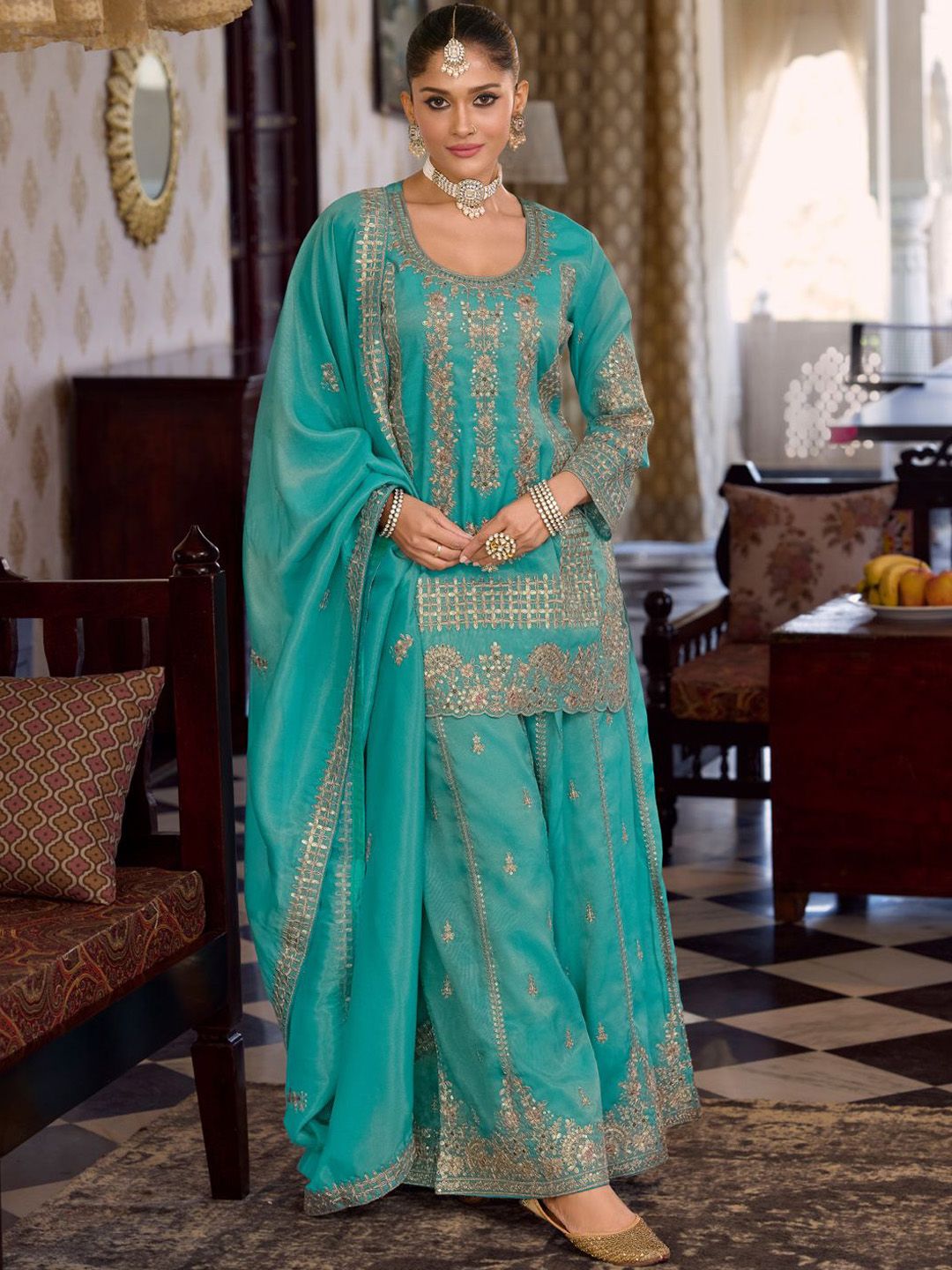 Women Ethnic Motifs Embroidered Regular Sequinned Kurta with Palazzos & With Dupatta