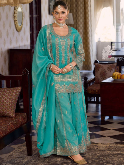 Women Ethnic Motifs Embroidered Regular Sequinned Kurta with Palazzos & With Dupatta