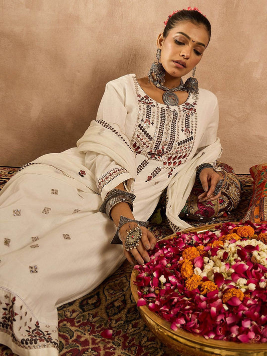 Dhiyona IE Women Floral Embroidered Regular Thread Work Pure Cotton Kurta with Trousers & With Dupatta
