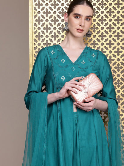Dhiyona PD Women Embroidered Front High Slit Jashn Kurta With Palazzos & Dupatta