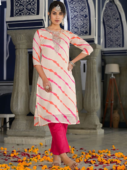 Dhiyona VA Women's Bandhani Dyed Regular Gotta Patti Kurta with Trousers & With Dupatta