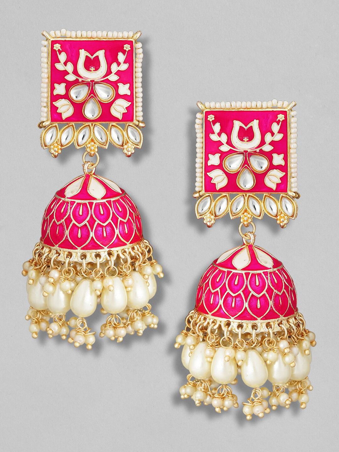 Dhiyona RJ Women's 18K Gold-Plated Pink Kundan & White Beads Studded Enamel Handcrafted Dome Jhumka