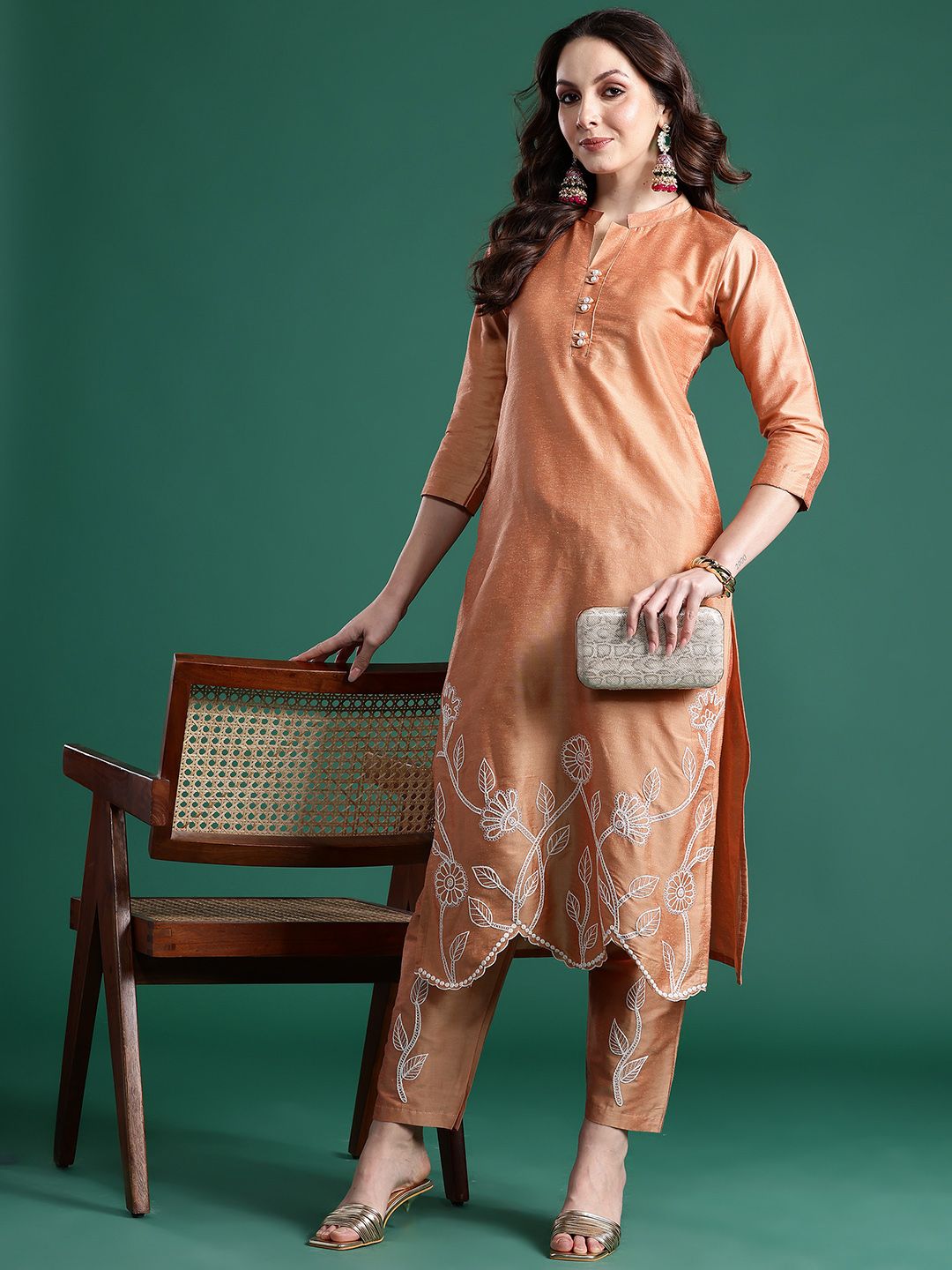 Floral Embroidered Thread Work Pure Cotton Kurta with Trousers