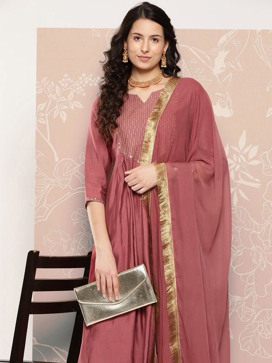 Dhiyona VA Women's Embroidered Empire Kurta with Trousers & With Dupatta