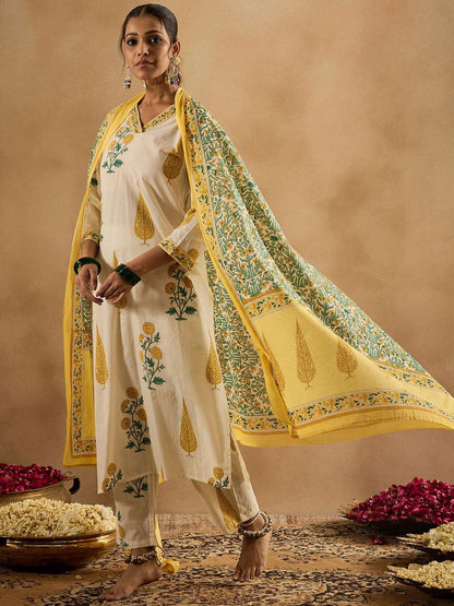 Floral Printed V-Neck Pure Cotton Straight Kurta With Trousers & Dupatta