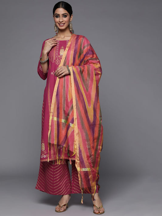 Dhiyona VA Women's Fuchsia Pink & Golden Floral Print Cotton Kurta with Palazzos & Dupatta