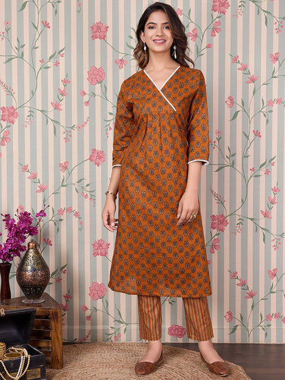 Dhiyona OD  Floral Printed Angrakha Pure Cotton Kurta with Trousers