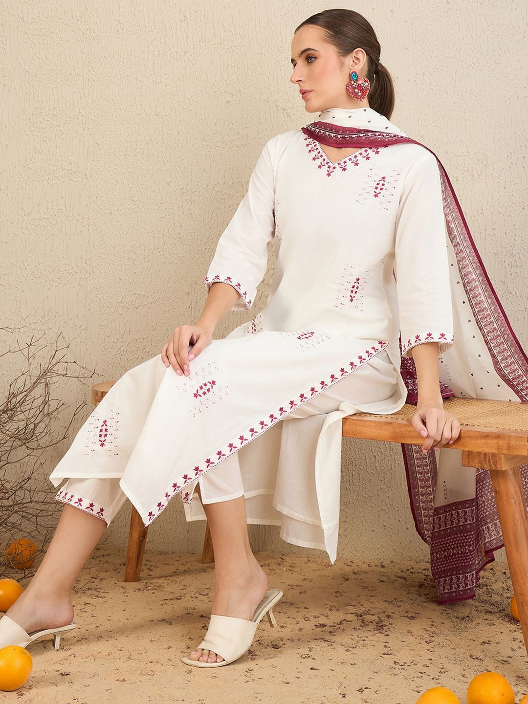 Floral Embroidered V-Neck Pure Cotton Straight Kurta With Trousers & Dupatta