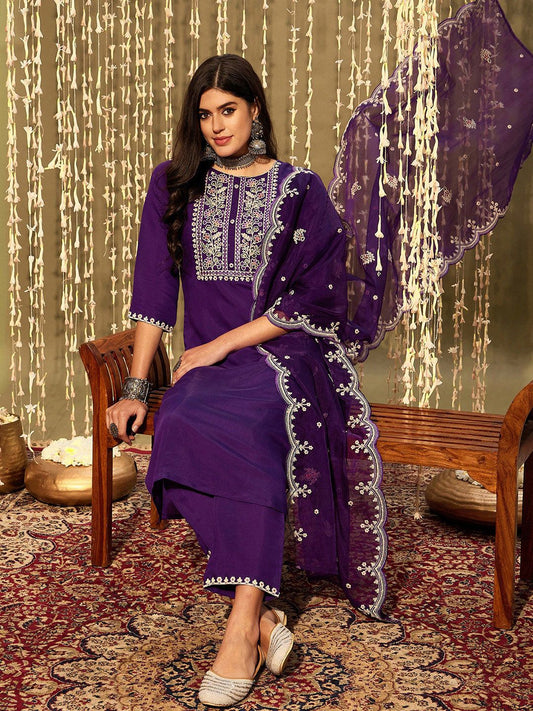 Dhiyona IE Purple Floral Yoke Design Thread Work Straight Kurta With Trousers & Dupatta