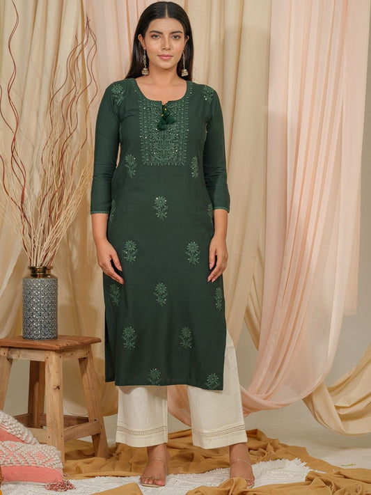 Dhiyona OD  Floral Embroidered Tie-Up Neck Straight Kurta