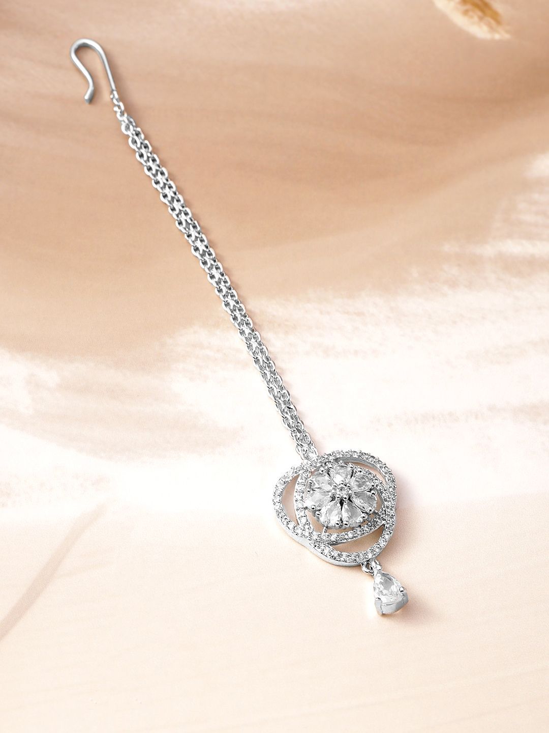 Dhiyona RJ Women's Rhodium-Plated White Cubic Zirconia Studded Statement Maang Tikka