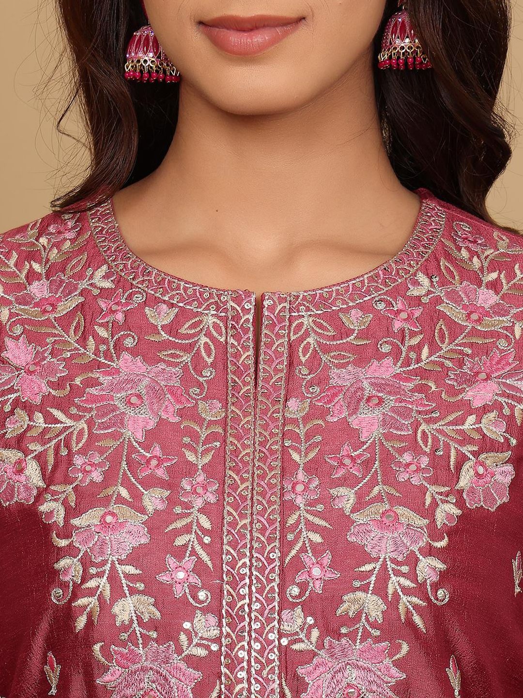 Dhiyona VA Women's Floral Embroidered Regular Pure Silk Kurta with Trousers & Fringed Dupatta