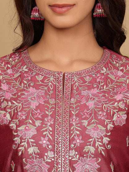 Dhiyona VA Women's Floral Embroidered Regular Pure Silk Kurta with Trousers & Fringed Dupatta