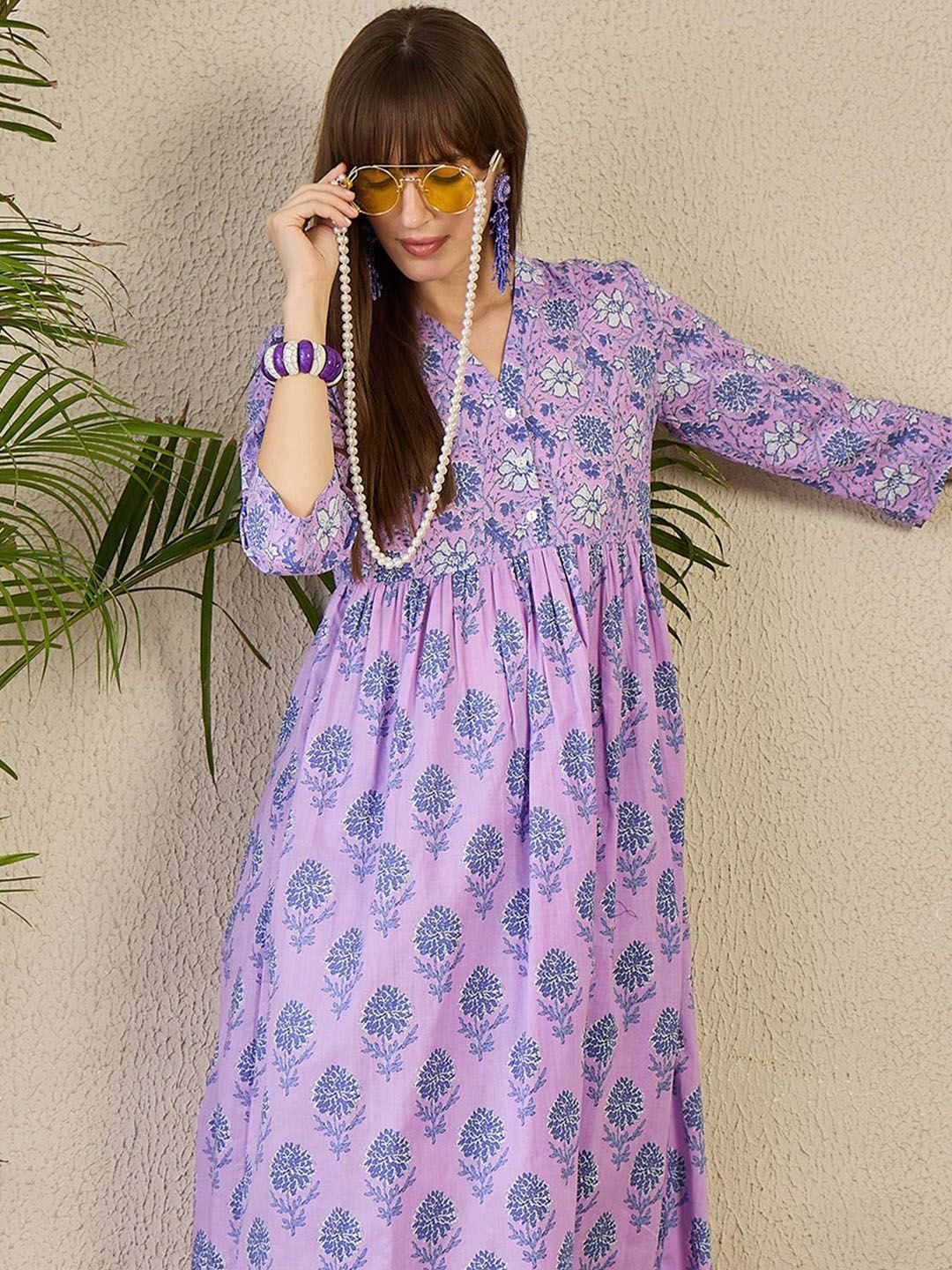 Dhiyona IE Women's Adults-Women Floral Printed Cotton A-Line Kurta with Trousers