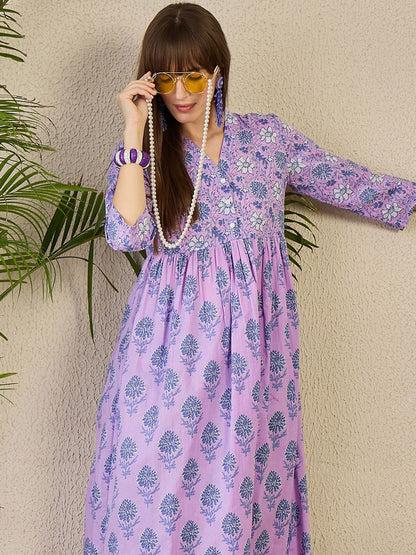 Dhiyona IE Women's Adults-Women Floral Printed Cotton A-Line Kurta with Trousers