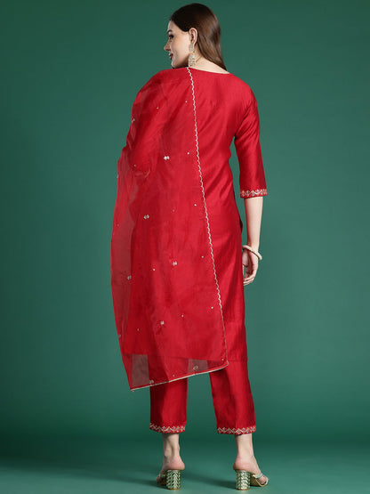 Ethnic Motifs Embroidered Regular Sequinned Liva Kurta with Trousers & Dupatta