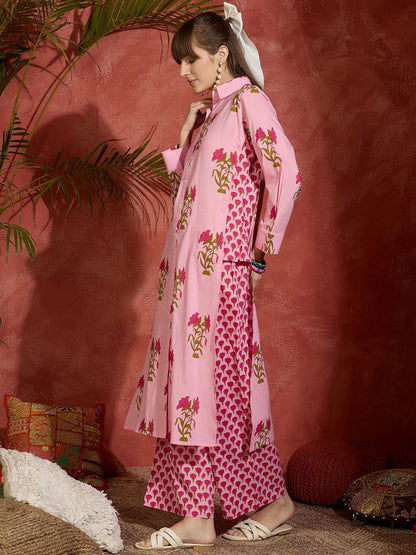 Floral Printed Shirt Collar Pure Cotton Straight Kurta With Palazzos