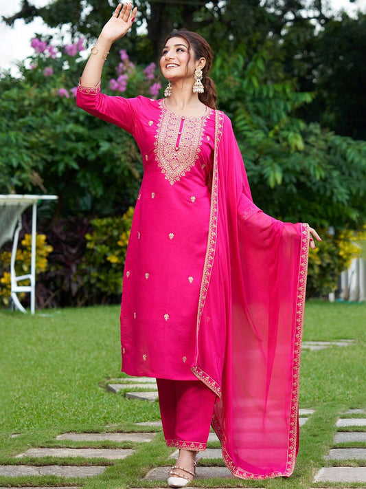 Dhiyona IE Floral Embroidered Thread Work Kurta with Trousers & Dupatta