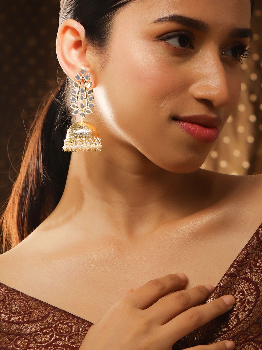 Dhiyona RJ Women's 18K Gold Plated Mirror Studded & Pearl Beaded Jhumkas Earrings