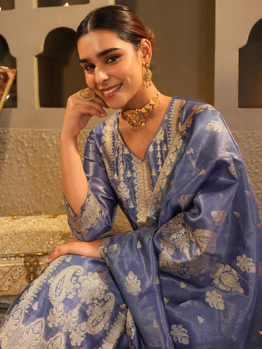 Dhiyona IE Women's Floral Woven Design V-Neck Liva Zari Straight Kurta & Trousers With Dupatta