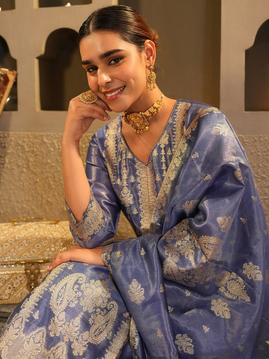 Dhiyona IE Women's Floral Woven Design V-Neck Liva Zari Straight Kurta & Trousers With Dupatta