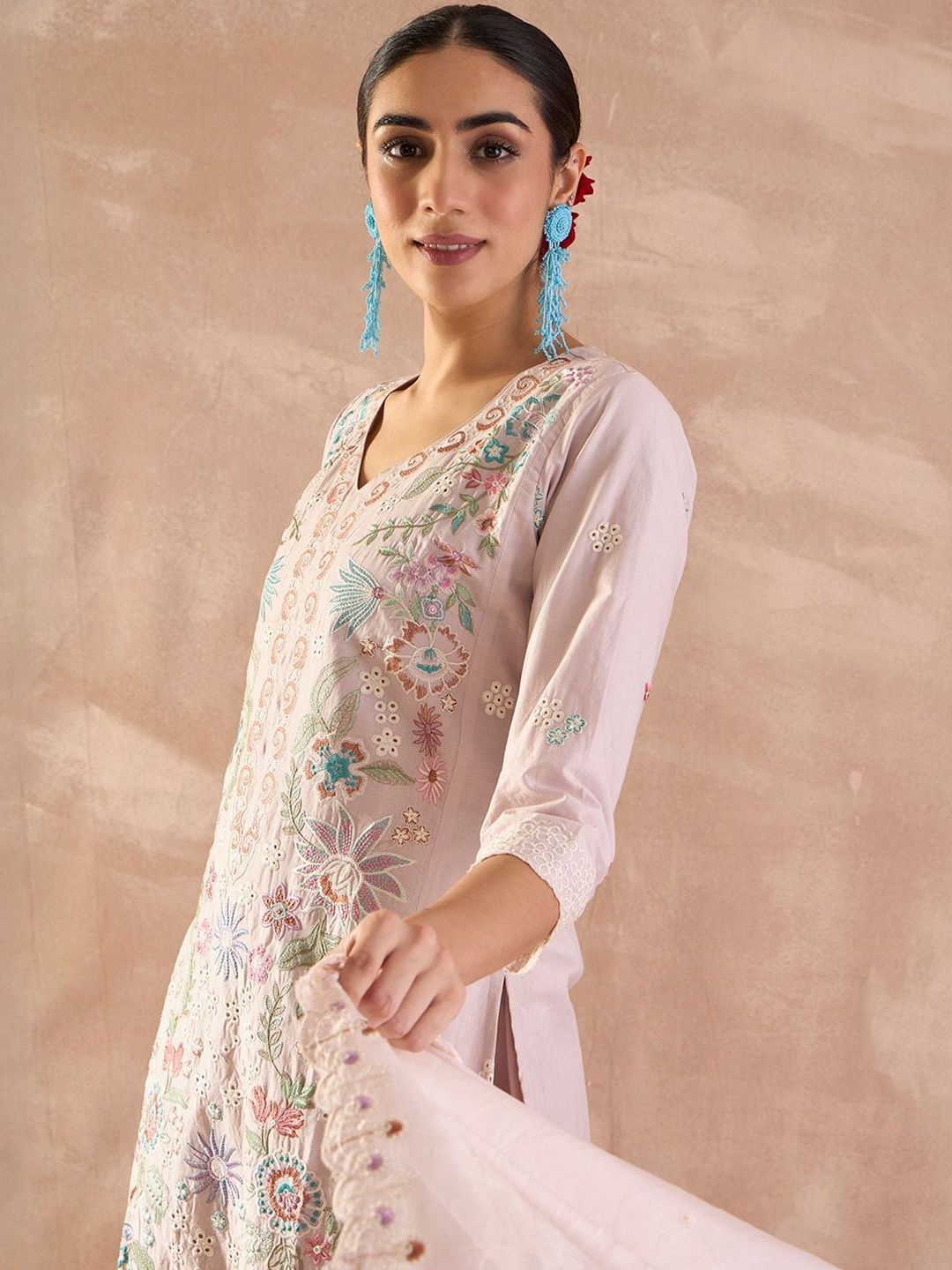 Floral Embroidered V-Neck Thread Work Pure Cotton Kurta With Trousers & Dupatta