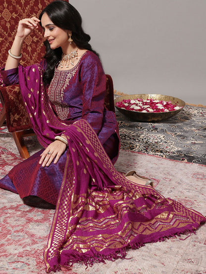 Dhiyona VA Women's Zari Embroidered Yoke Geometric Jacquard Kurta with Trouser & Dupatta