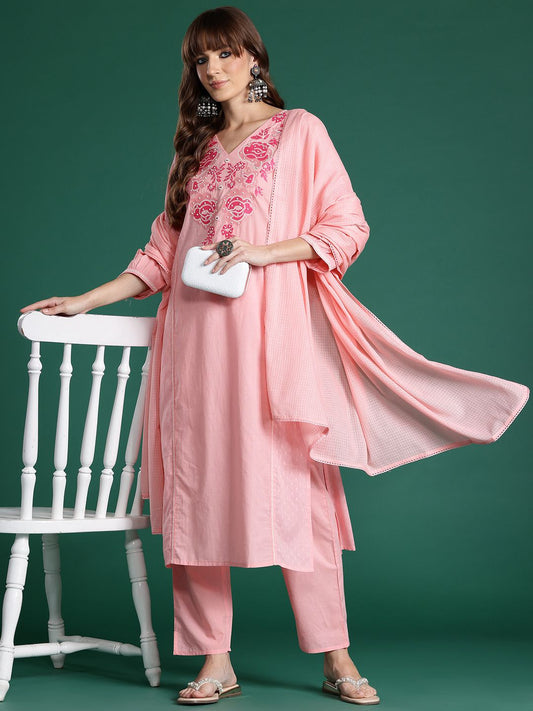 Dhiyona IE Floral Embroidered Pure Cotton Kurta with Trousers & Dupatta