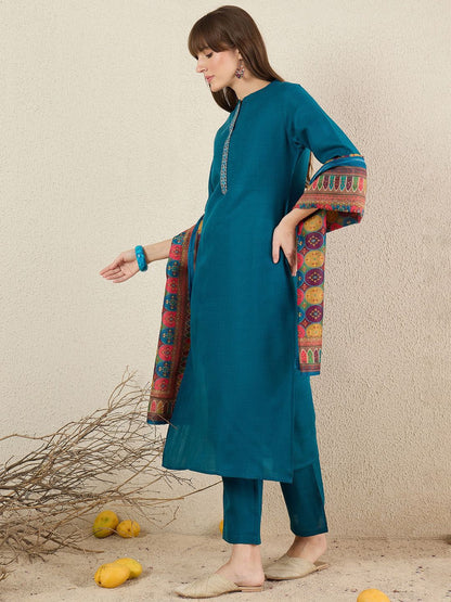 Dhiyona IE Women Solid Embroidered Kurta with Trousers & Dupatta